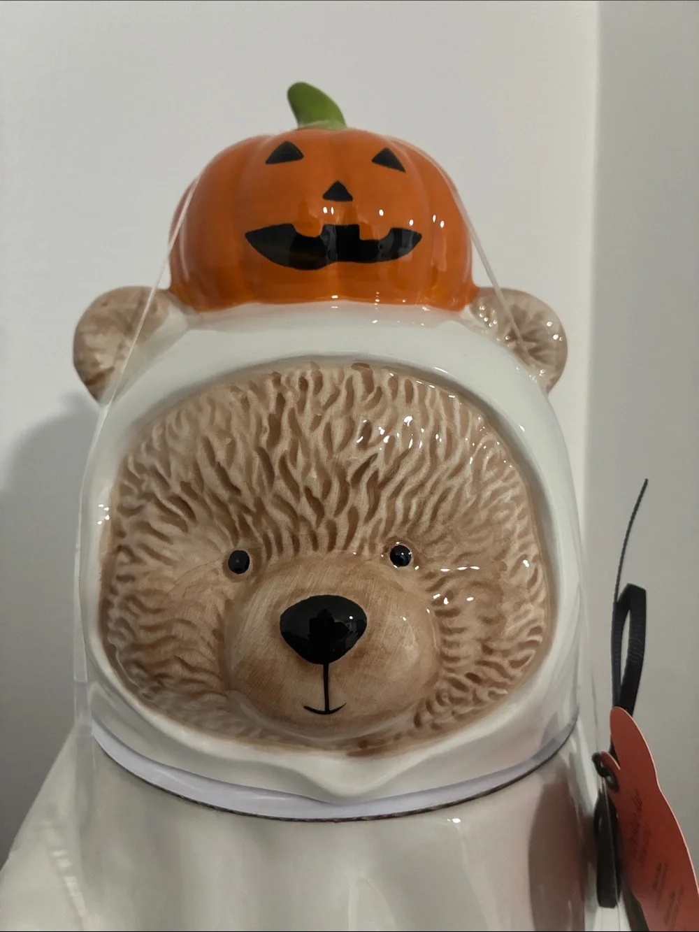 NWT- Halloween Ghost Bear Ceramic Cookie Jar- w/ Jack-o-lantern Pumpkin Handle